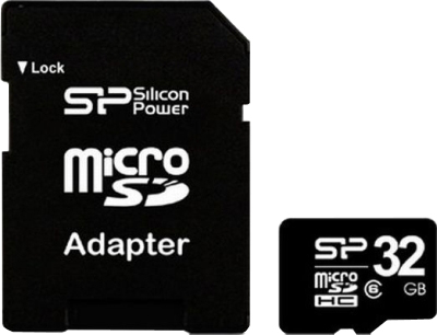 Карта памяти Silicon Power microSDHC (Class 6) 32 Gb (SP032GBSTH006V10-SP) - общий вид с SD-адаптером