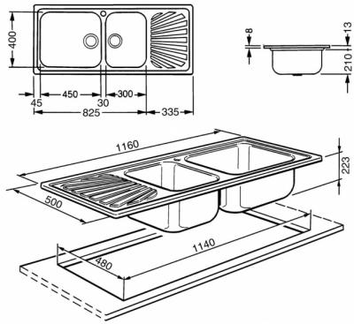 Мойка кухонная Smeg LGR116 - схематическое изображение
