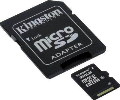 Карта памяти Kingston microSDHC (Class 10) 32GB +адаптер (SDC10/32GB) - общий вид с адаптером SD