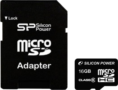 Карта памяти Silicon Power microSDHC (Class 6) 16 Gb (SP016GBSTH006V10-SP) - общий вид с SD-адаптером