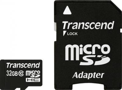 Карта памяти Transcend microSDHC Class 10 32 Gb + SD адаптер (TS32GUSDHC10) - общий вид с SD-адаптером