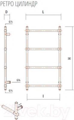 Полотенцесушитель водяной ZORG Ретро Цилиндр 500x950 (хром) - схема