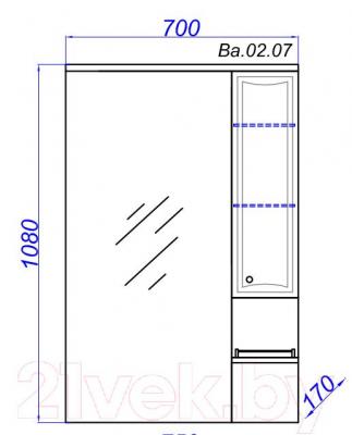 Шкаф с зеркалом для ванной Aqwella Барселона Люкс 75 / Ba.02.07 - технический чертеж