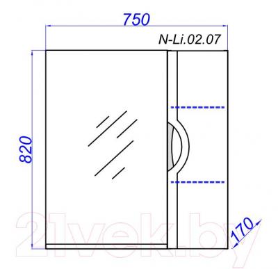 Шкаф с зеркалом для ванной Aqwella Н-Лайн 75 / N-Li.02.07 - технический чертеж