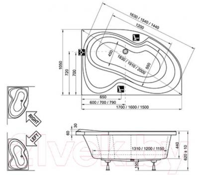 Ванна акриловая Ravak Rosa II 160x105 R (CL21000000) - технический чертеж