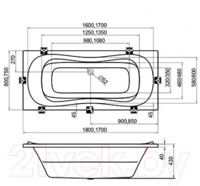 Ванна акриловая Ravak Campanula II 180x80 (CB21000000) - технический чертеж