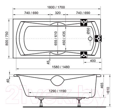 Ванна акриловая Ravak Sonata 180x80 (CW01000000) - технический чертеж
