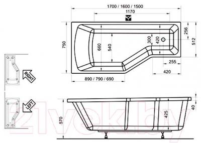 Ванна акриловая Ravak BeHappy 150x75 R (C151000000) - технический чертеж