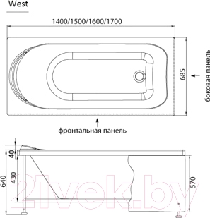 Ванна акриловая Aquanet West 160x70 (с каркасом) - схема