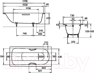 Ванна стальная Kaldewei Saniform Plus 350 170x73 (easy-clean antislip) - схема