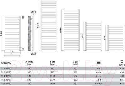 Полотенцесушитель водяной Terminus Аврора 32/20 П18 500x1330 - схема