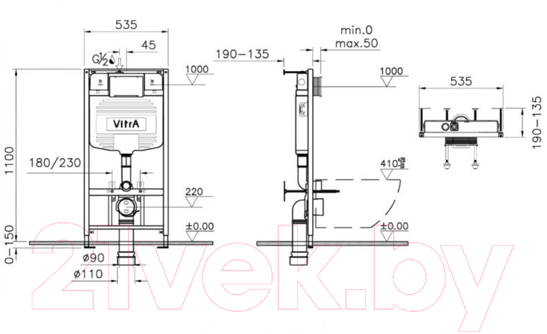 Унитаз подвесной с инсталляцией VitrA Arkitekt / 9005B003-7211