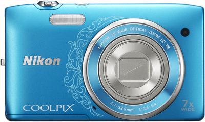 Компактный фотоаппарат Nikon Coolpix S3500 Blue Patterned - вид спереди с закрытым объективом