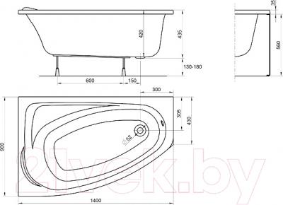 Ванна акриловая Kolo Mystery 140x90 L / XWA3741000 (с ножками) - схема