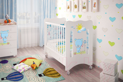 Детская кроватка Laluca Руслана Базовая (белый/медвежонок с цветами)