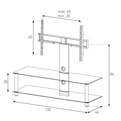 Стойка для ТВ/аппаратуры Sonorous Neo 130 Black Glass-Silver - габаритные размеры