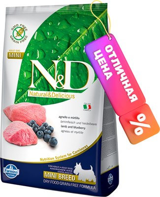 

Сухой корм для собак, N&D Grain Free Lamb & Blueberry Adult Mini
