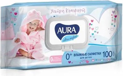 Влажные салфетки детские Aura Ultra Comfort с экстрактом алоэ и витамином Е (100шт)