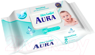 Влажные салфетки детские Aura Ultra Comfort с экстрактом алоэ и витамином Е (100шт)