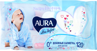 Влажные салфетки детские Aura Ultra Comfort с экстрактом алоэ и витамином Е (120шт)