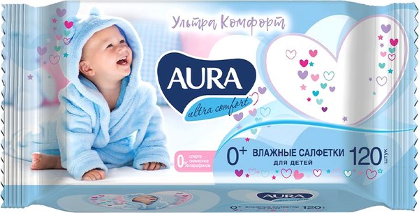 Влажные салфетки детские Aura Ultra Comfort с экстрактом алоэ и витамином Е (120шт)