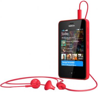 Мобильный телефон Nokia Asha 501 Dual (Bright Red) - с подключенными наушниками