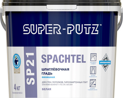 Шпатлевка готовая SUPER-PUTZ SP 21 Spachtel шпатлевочная гладь финишная (4кг, белый) - 