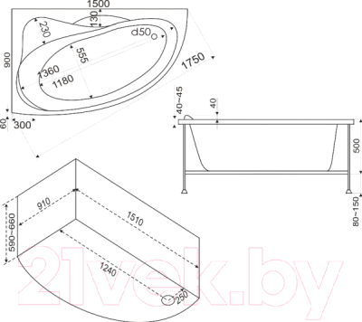 Ванна акриловая BAS Вектра 150x90 L (с гидромассажем Стандарт)