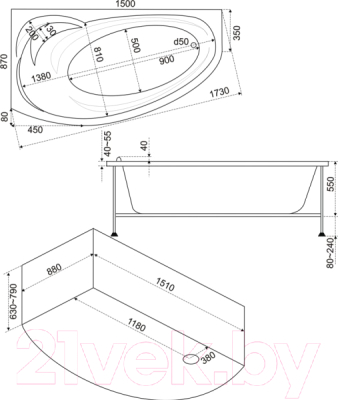 Ванна акриловая BAS Фэнтази 150x88 L (с гидромассажем Flat Brass)