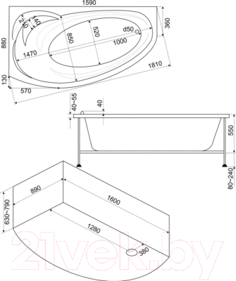 Ванна акриловая BAS Флорида 160x88 L (с гидромассажем Стандарт)