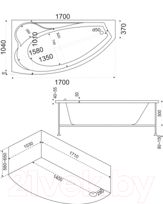 Ванна акриловая BAS Николь 170x104 L