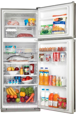Холодильник с морозильником Sharp SJ-58C-SL - вид с открытой дверцей на примере товара другого цвета 