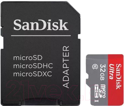 Карта памяти SanDisk Ultra microSDHC 32GB UHS-I/U1 + адаптер (SDSQUNB-032G-GN3MA)
