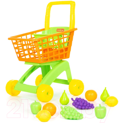 Тележка игрушечная Полесье №7 с набором продуктов / 61911 (оранжевый/салатовый)