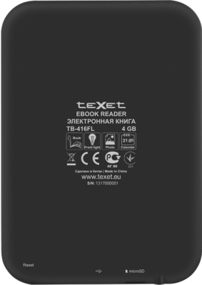 Электронная книга Texet TB-416FL (Black) - вид сзади 