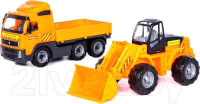 Набор игрушечной техники Полесье Автомобиль бортовой Volvo с трактором-погрузчиком / 2371 (в коробке)