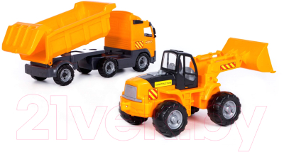 Набор игрушечной техники Полесье с полуприцепом Volvo и с трактором-погрузчиком / 0384 (в коробке)
