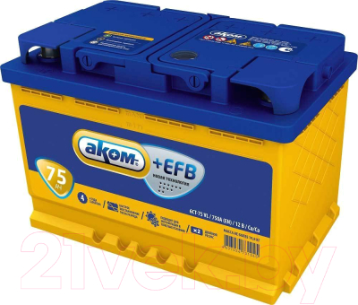Автомобильный аккумулятор AKOM 6СТ-75 Евро+EFB (75 А/ч)