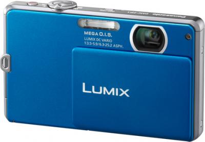 Компактный фотоаппарат Panasonic DMC-FP1EE-A (синий) - общий вид с открытым объективом