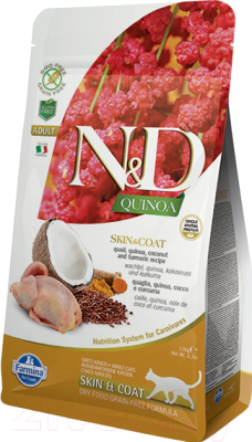 

Корм для кошек Farmina, N&D Grain Free Quinoa Skin & Coat Quail, Coconut