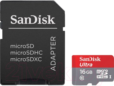 Карта памяти SanDisk Ultra microSDHC 16GB UHS-I/U1 + адаптер (SDSQUNB-016G-GN3MA)