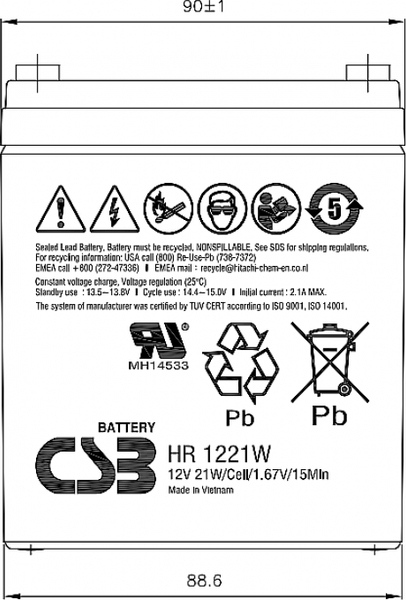 Аккумуляторная батарея CSB HR 1221W F2 12V/5Ah