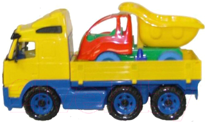Набор игрушечных автомобилей Полесье Автомобиль бортовой Volvo с самосвалом Муравей / 9470 (в сеточке) - товар по цвету не маркируется