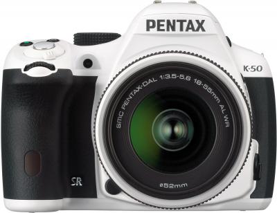 Зеркальный фотоаппарат Pentax K-50 Kit (DA L 18-55mm WR, белый) - вид спереди