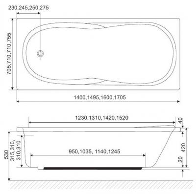 Ванна акриловая Excellent Sekwana 140 - габаритные размеры