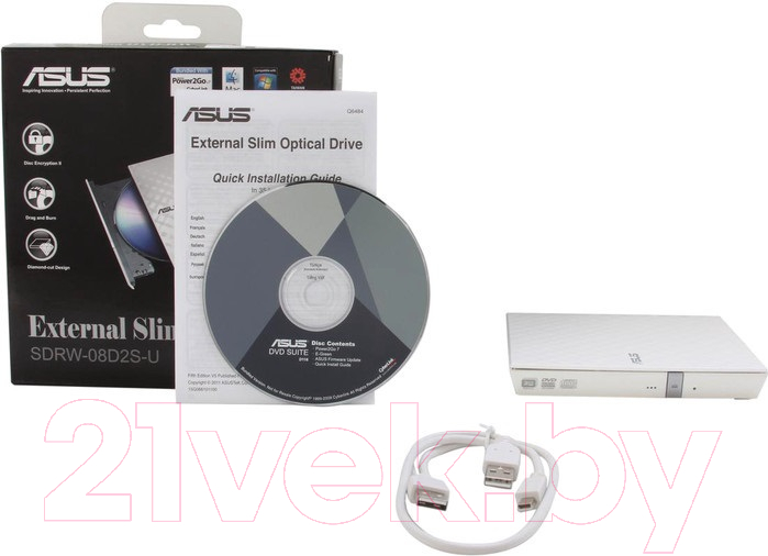 Привод DVD Multi Asus SDRW-08D2S-U / 90-DQ0436-UA221KZ (белый) — фото 3