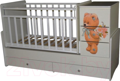 Детская кровать-трансформер Антел Ульяна-2 Мишка с букетом (белый)
