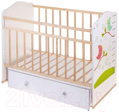 Детская кроватка VDK Морозко Птички маятник-ящик (белый/белый)