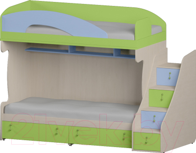 Двухъярусная кровать детская Softform Миа (лайм/голубой горизонт, правый)