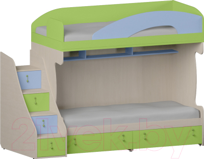 Двухъярусная кровать детская Softform Миа (лайм/голубой горизонт, левый)